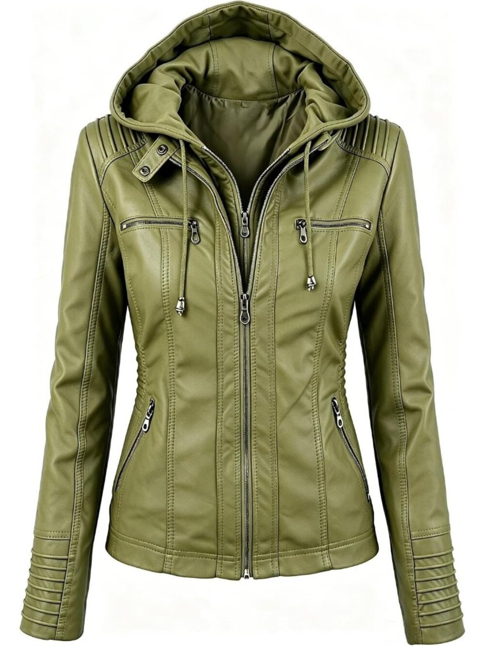 Women's Green Hooded Faux Leather Long Sleeve Zipper Motorcycle Jacket